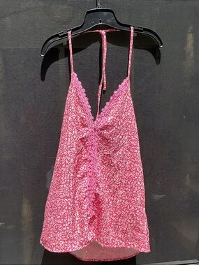 Pink Floral Lace-Trim Tank Top